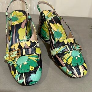 Fendi green floral pumps